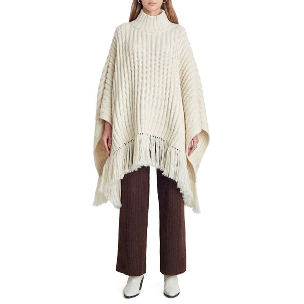 ELEVEN SIX Hanni Fringe Rib Wool Poncho in Ivory Size OS